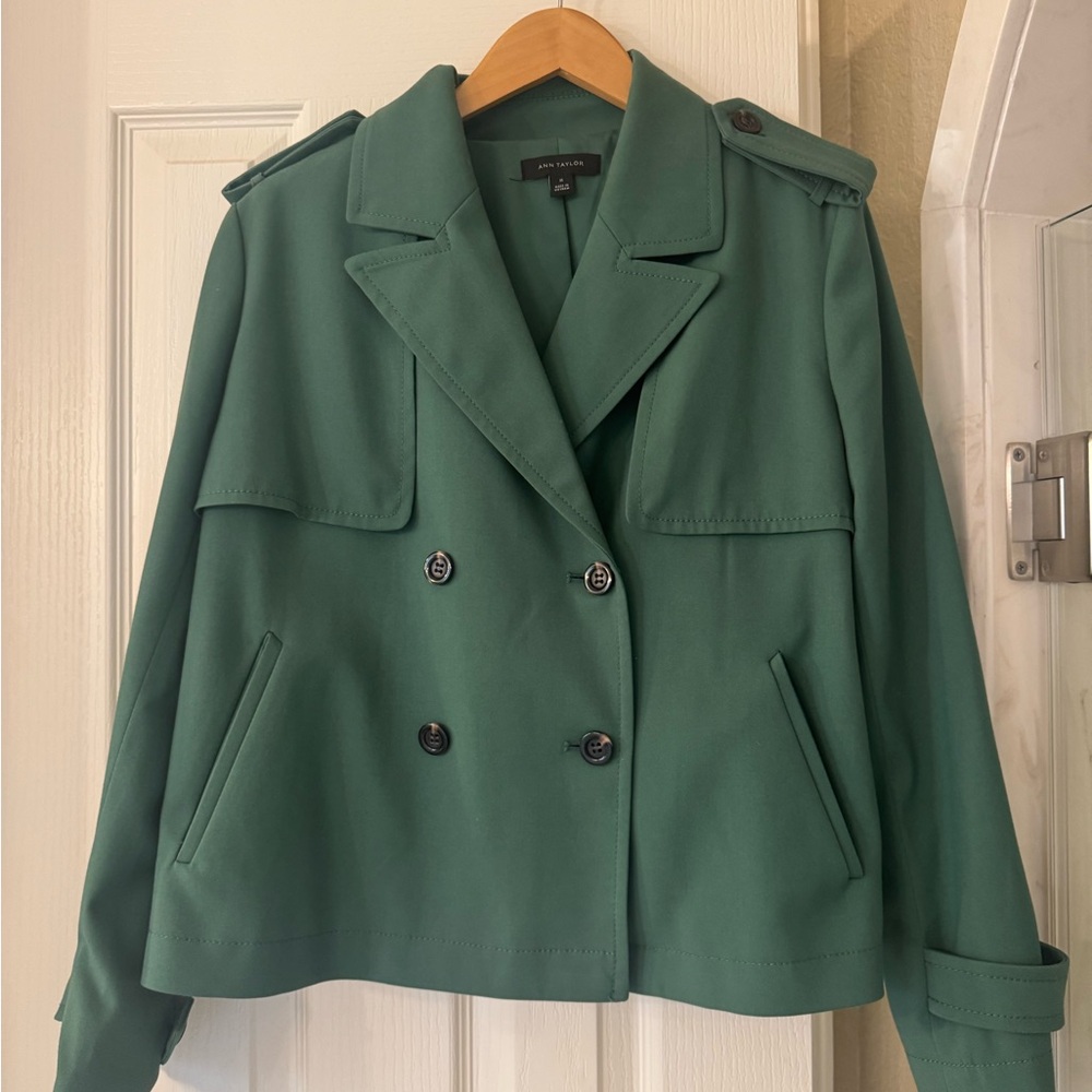 Ann Taylor Teal-Green Double-Breasted Cropped Trench Coat